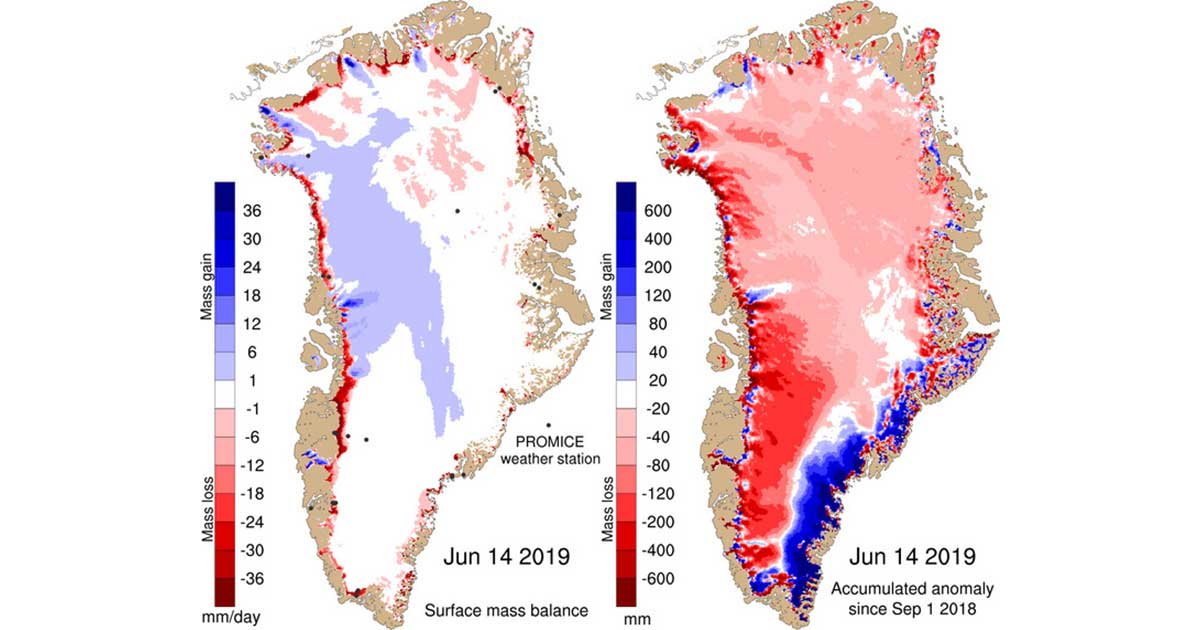 A grönlandi jég olvadása 2018 szeptember 1-től 2019 július 14-ig. / Fotó: Polar Portal
